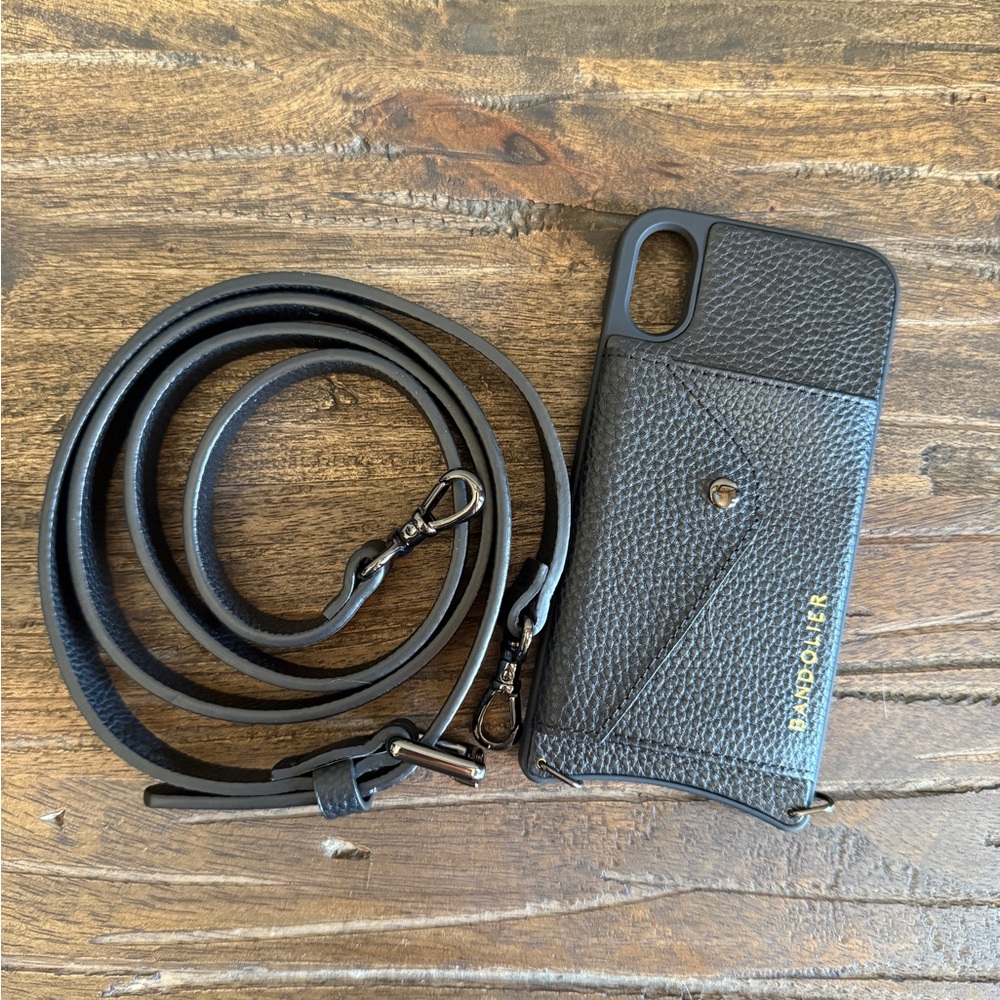 Bandolier Black Leather Phone Case with Gold Accents